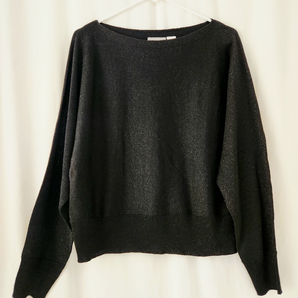 🔥Liz Claiborne Silk Metallic BlackSweater Dolman Sleeve Boatneck Sz L